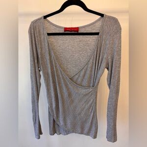 AKIRA Light Gray Ribbed Wrap-Front Long Sleeve Top